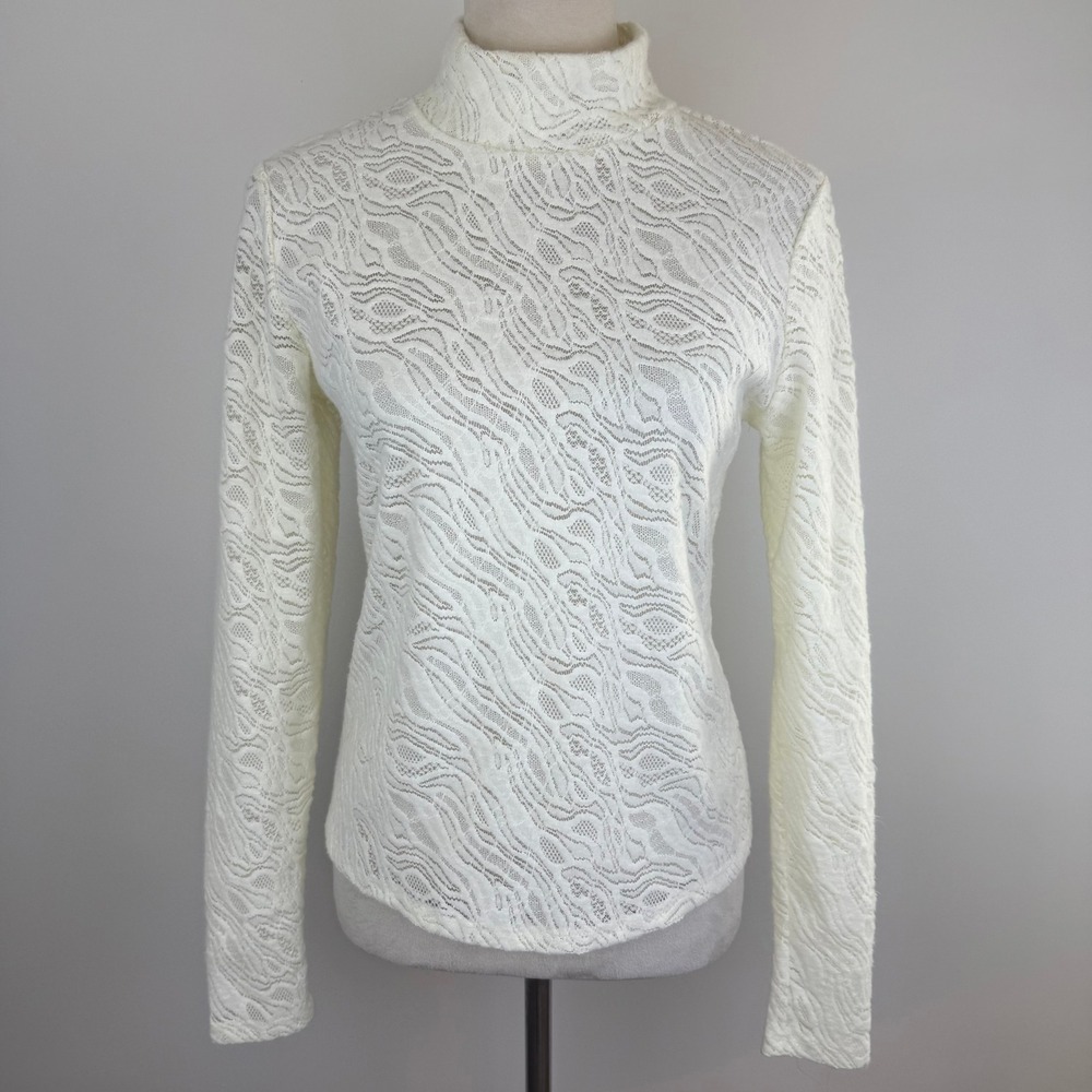 Anthropologie Ivory Lace Mock Neck Long Sleeve Top Wavy Textured Mesh Lined Sz S